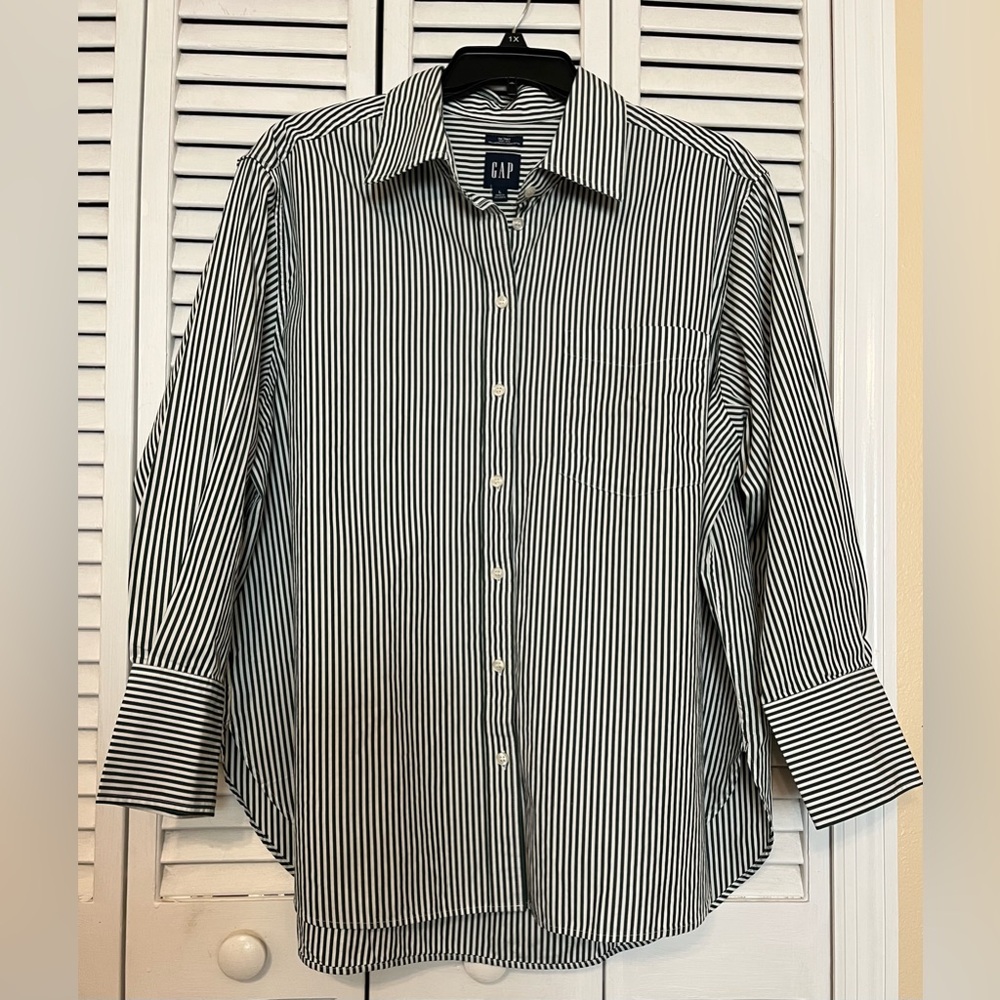 NWT Womens Gap Green Striped Big Shirt Organically Grown Cotton Sz L MSRP $69.95